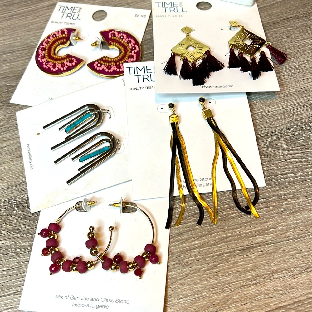 NWT Earrings. Time and Tru. 5 pairs. Never wore. Hypo-allergenic. Hoops & dangle